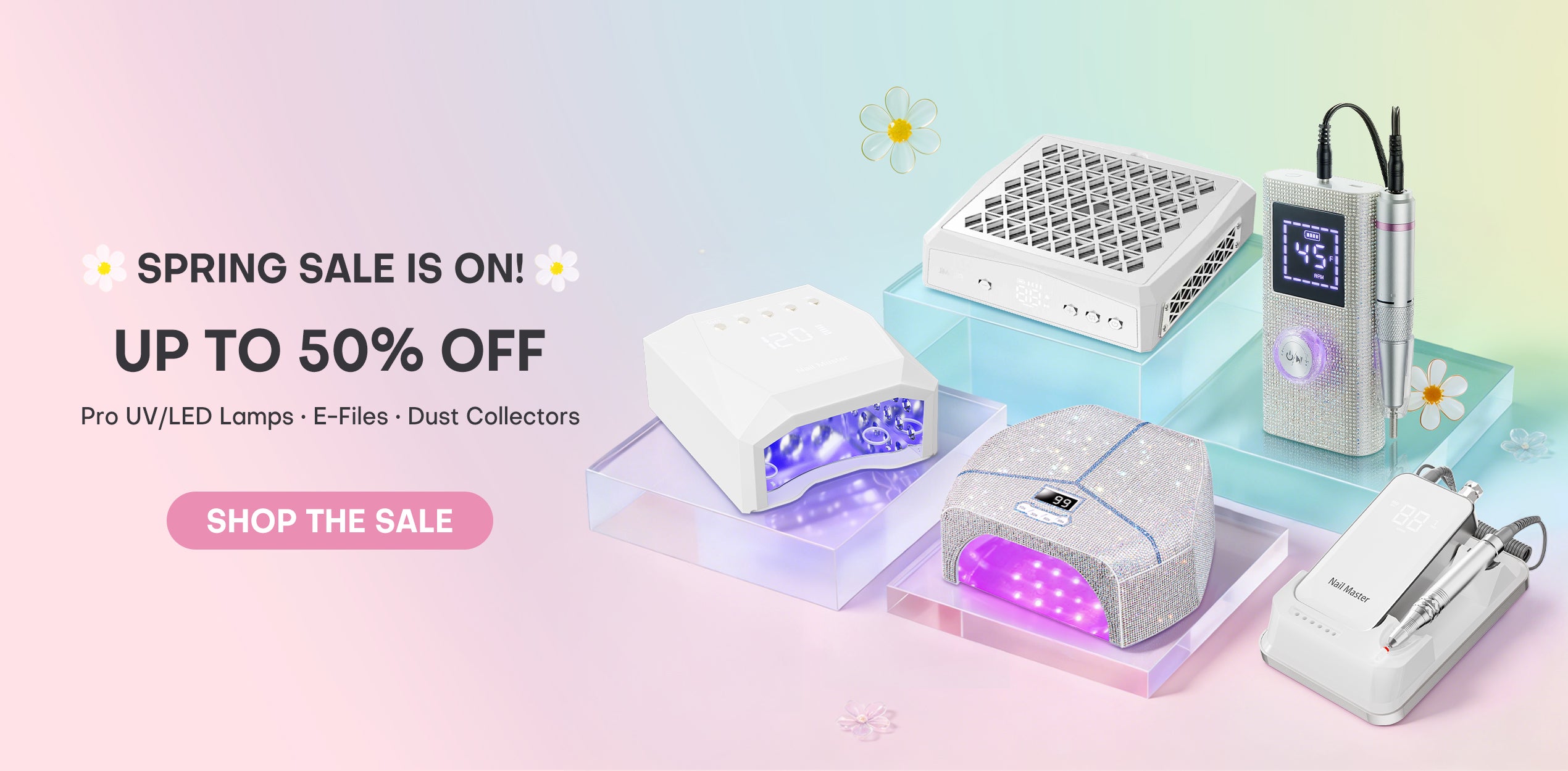 Gugusure Spring Sale is on! Enjoy up to 50% off professional nail tech equipment. Banner features our top-rated white and rhinestone UV LED gel lamps, electric nail files, and high-power dust collectors.