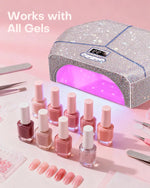 Gugusure bling nail lamp compatible with all types of gel polishes, including base coat, top coat, and hard gels for a long-lasting finish.