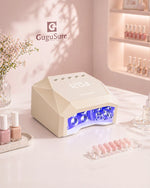A stylish yellow GuguSure gel nail curing light displayed in a high-end aesthetic setting with elegant floral accents and professional nail art tools. Designed for both upscale nail salons and luxury home manicure setups, this advanced UV LED nail dryer ensures even and efficient curing for all types of gel polishes, blending a clean and crisp aesthetic with powerful performance for the ultimate manicurist workstation.