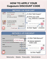 A detailed step-by-step visual guide showing customers how to apply a Gugusure discount code to save money on premium nail salon equipment. The infographic illustrates two simple methods for redeeming a promo code when purchasing items like our professional 35K RPM electric nail drill, 120W UV LED nail curing lamp, and powerful nail dust collector. The first method demonstrates how to easily add a coupon code directly within the shopping cart by clicking the "Add Coupon" button and typing codes like SAVE110