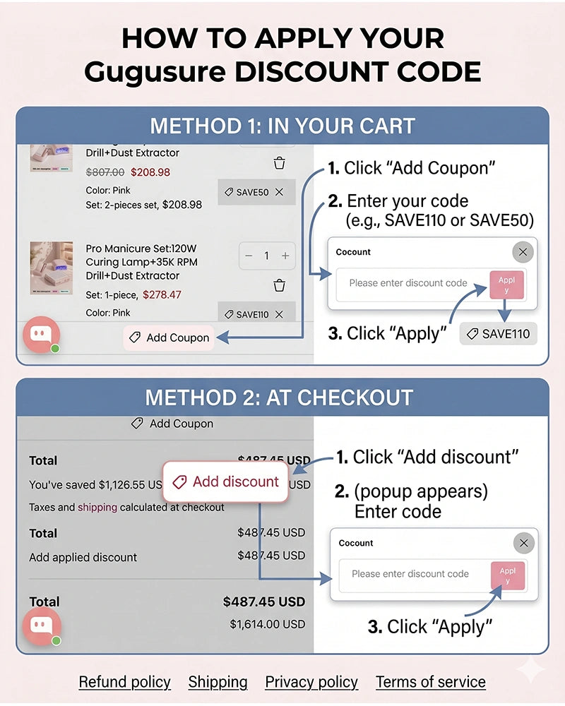 A detailed step-by-step visual guide showing customers how to apply a Gugusure discount code to save money on premium nail salon equipment. The infographic illustrates two simple methods for redeeming a promo code when purchasing items like our professional 35K RPM electric nail drill, 120W UV LED nail curing lamp, and powerful nail dust collector. The first method demonstrates how to easily add a coupon code directly within the shopping cart by clicking the "Add Coupon" button and typing codes like SAVE110