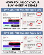 A clear visual checkout guide for nail salon owners and professional manicurists demonstrating how to properly unlock bulk discount deals on GuguSure professional UV LED nail lamps. The graphic illustrates the exact shopping cart setup required to activate our B2B wholesale offers, specifically showing that customers must add a total of nine items to their cart to trigger the buy seven get two free promotion, or add five total items to successfully apply the buy four get one free deal on our premium 601P na