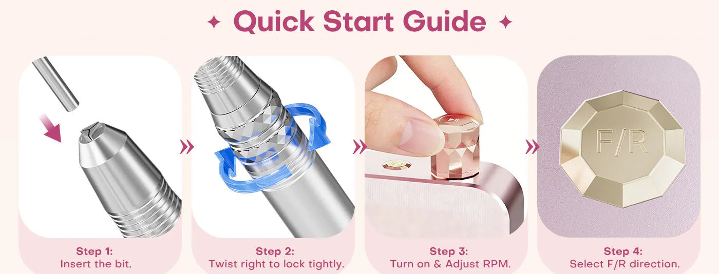 Beginner-friendly quick start guide on how to use the Gugusure electric nail drill. Shows step-by-step instructions for inserting bits and adjusting RPM.