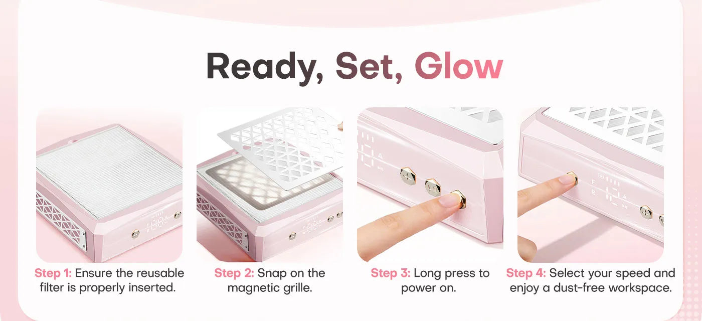 Four-step quick start guide for the Gugusure nail dust collector. Easy instructions on how to properly insert the filter, attach the magnetic grille, and select suction speeds.