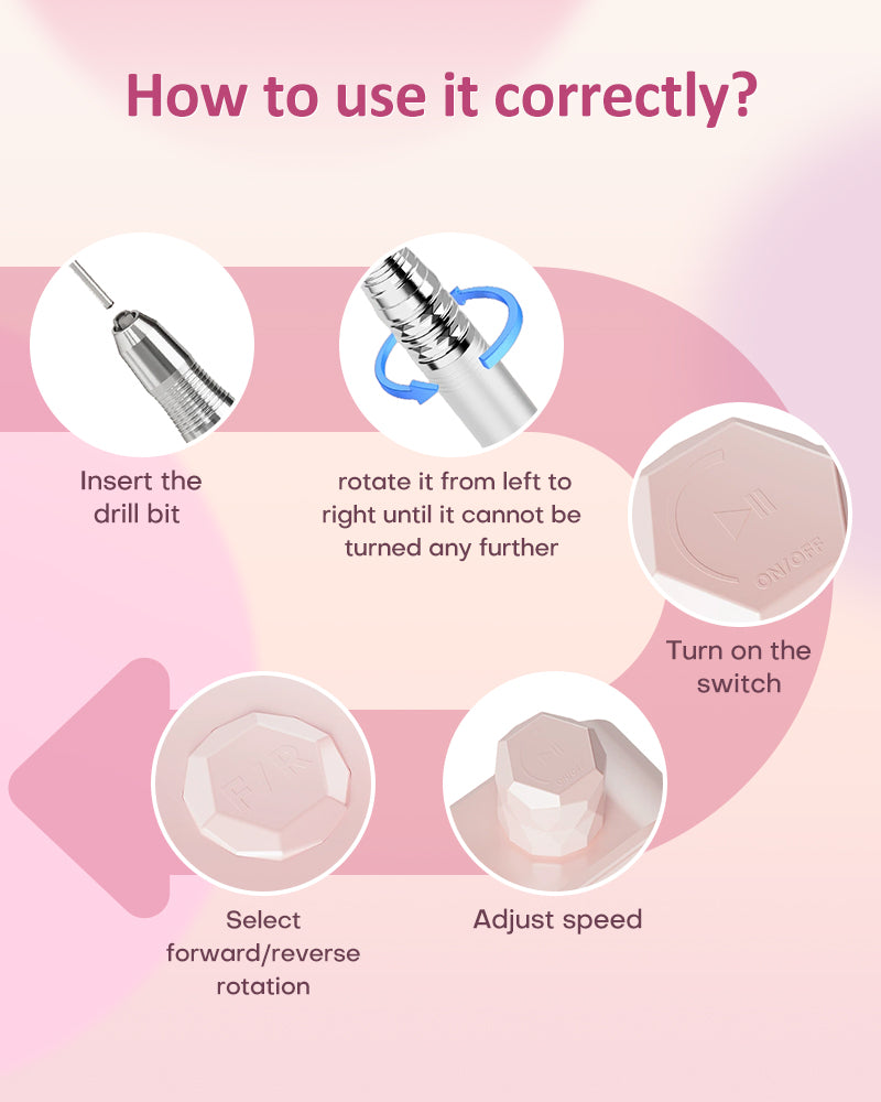 Step-by-step guide on how to use the Gugusure nail drill: inserting bits, locking the mechanism, turning on the switch, and adjusting speed and direction.