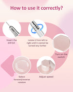 Step-by-step guide on how to use the Gugusure nail drill: inserting bits, locking the mechanism, turning on the switch, and adjusting speed and direction.