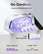 Close-up of the cordless UV LED nail lamp's interior showing dual-source light beads. Highlights the fully rechargeable 5200mAh high-capacity battery, providing up to 7 hours of continuous usage. The perfect wireless equipment for mobile nail techs.