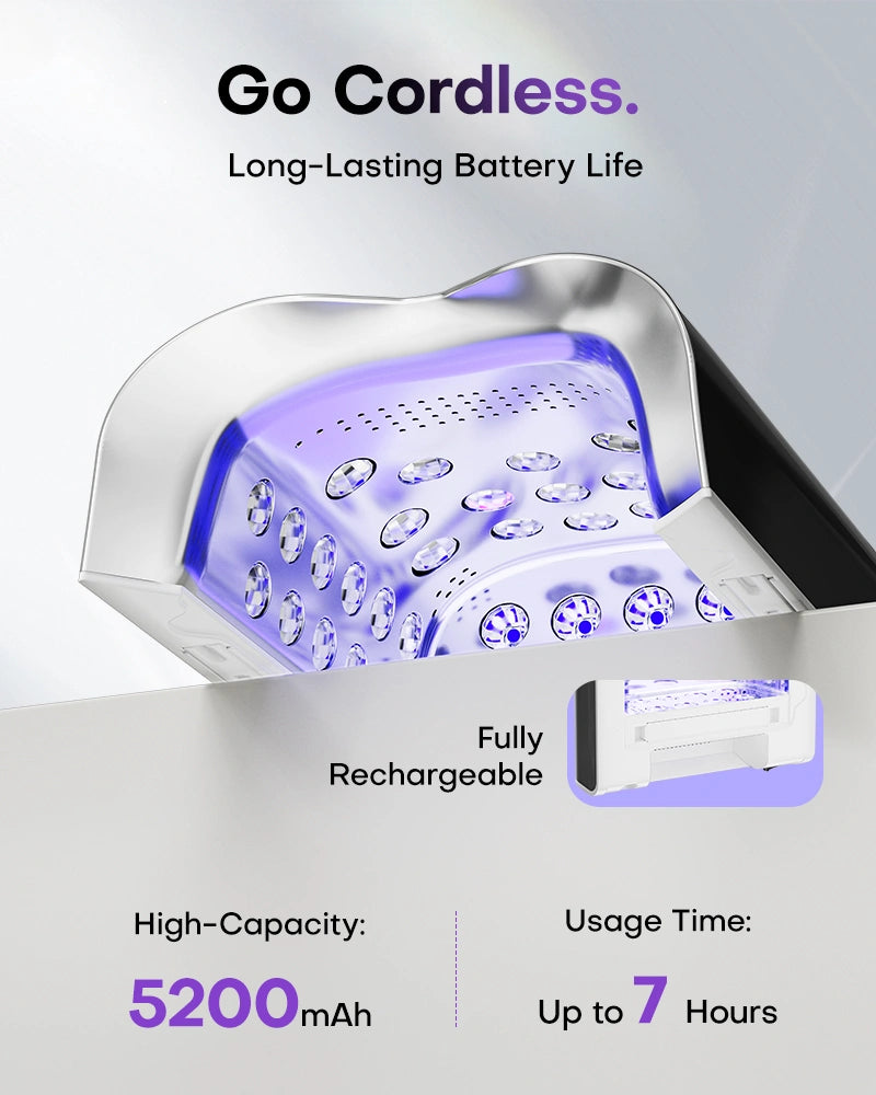 Close-up of the cordless UV LED nail lamp's interior showing dual-source light beads. Highlights the fully rechargeable 5200mAh high-capacity battery, providing up to 7 hours of continuous usage. The perfect wireless equipment for mobile nail techs.
