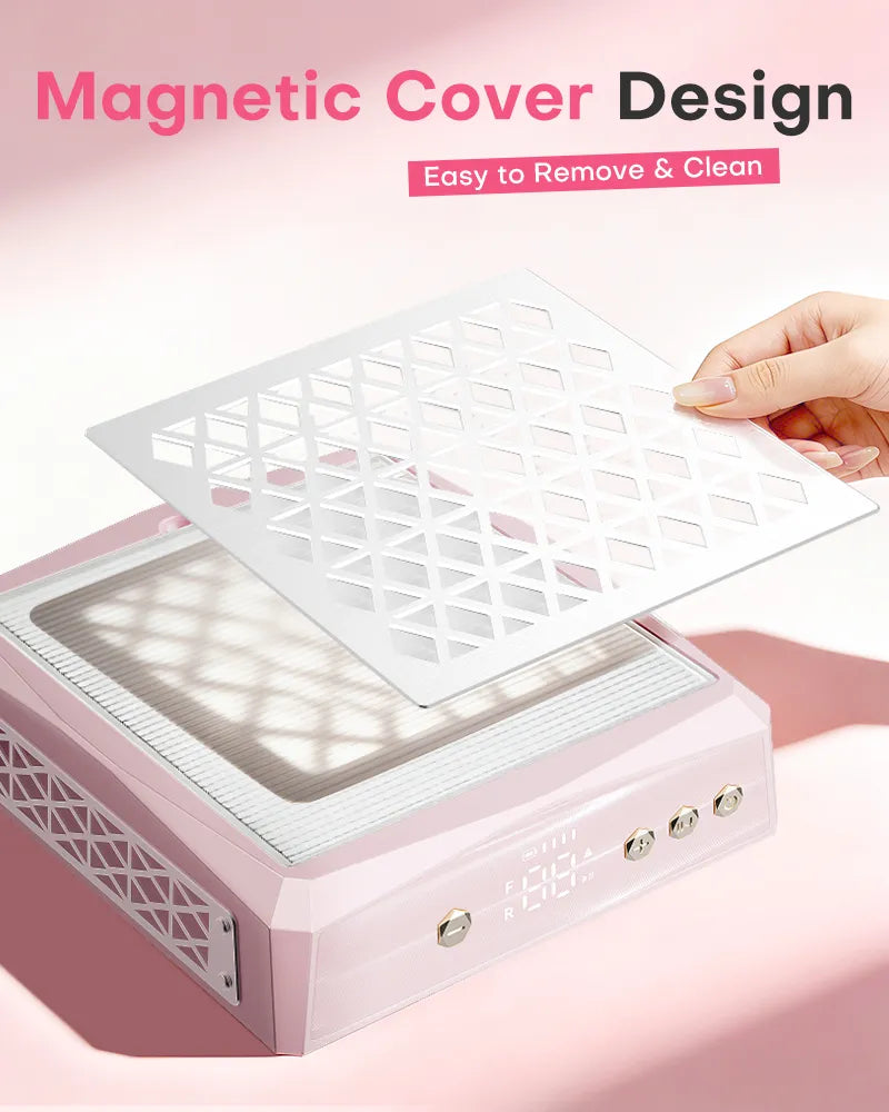 Hand lifting the magnetic diamond-pattern cover off the pink nail dust extractor. The innovative removable metal grille design makes it incredibly easy to clean and replace filters in seconds.