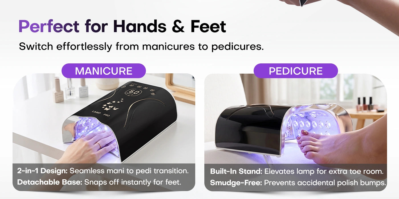 The versatile two-in-one design of the Gugusure nail lamp seamlessly transitions from a manicure setup to a pedicure station. The detachable magnetic base snaps off instantly, while the built-in plastic fold-out stand elegantly elevates the lamp to provide extra toe room, ensuring a smudge-free Mani-Pedi experience.