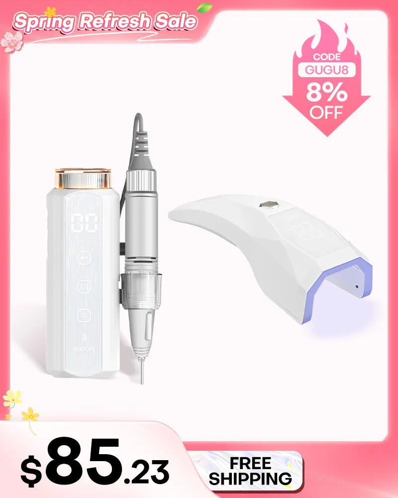Mobile nail tech equipment bundle featuring a clip-on portable electric file and an open-back bridge UV LED nail lamp ideal for pedicures.
