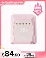 Aesthetic pink aluminum UV LED nail lamp on sale. This heat-resistant metal curing light showcases a faceted body with gold buttons and a blank screen. Claim your 50% OFF discount with code GUGU50 in the Spring Refresh Sale. Free shipping included.