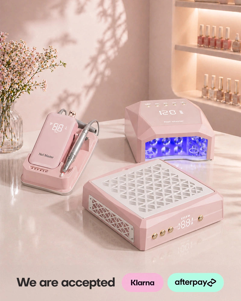 Build your ideal workstation with this pink complete nail salon equipment bundle designed for professional manicures. This comprehensive three-piece set features a heavy-duty nail dust collector, a geometric UV LED curing lamp, and a desktop electric nail file station, all equipped with clean blank digital screens and elegant gold buttons. Upgrade your daily nail care routine today and enjoy flexible payment options since Klarna and Afterpay are proudly accepted.