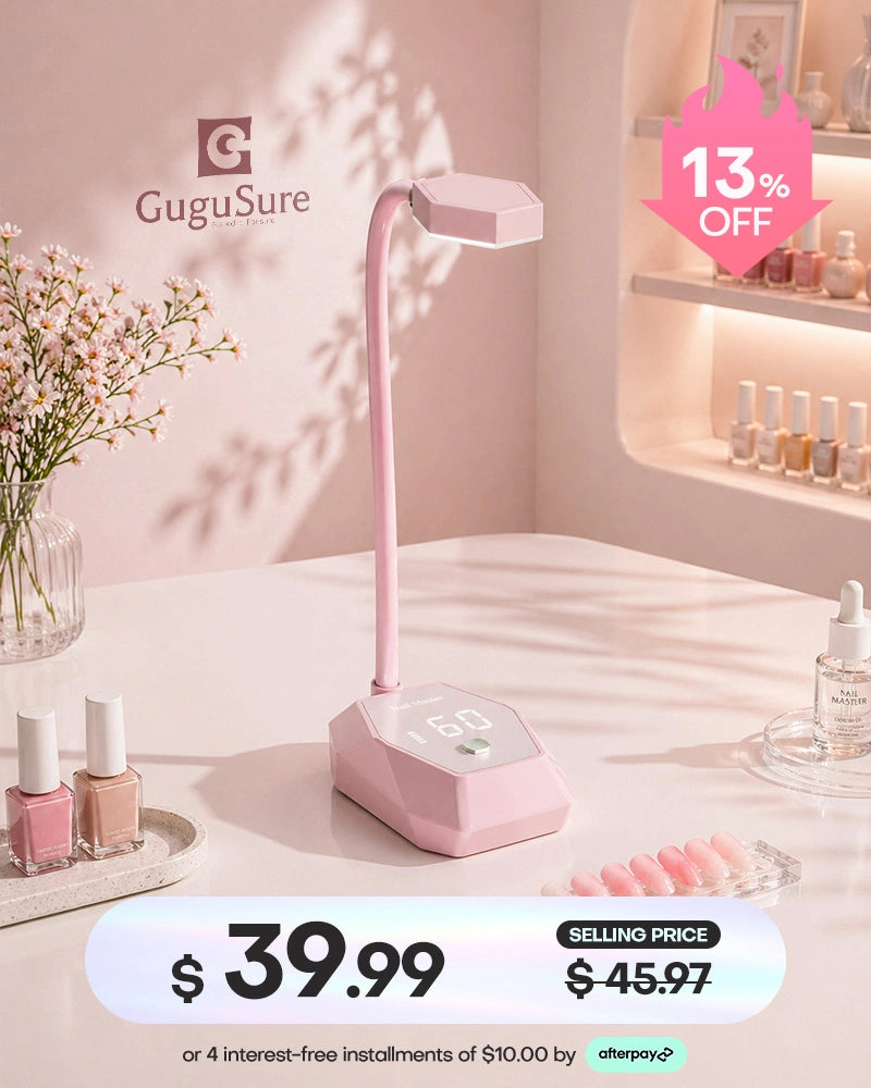 Complete your nail desk setup with this pink hands-free flash cure nail lamp ideal for quick gel polish drying. This innovative gooseneck UV LED light offers maximum flexibility for single-finger curing, featuring a sturdy base equipped with a single control button and a blank digital screen. Available for $39.99 during our special sale, you can easily save 13% OFF the regular price and split your payment using handy Afterpay plans.