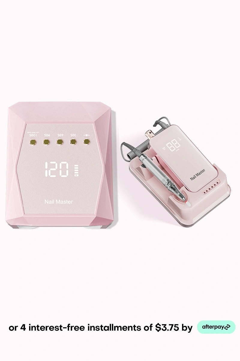 Create the ultimate home salon with this pink professional nail curing light and e-file set perfect for acrylics and gel polish. This essential nail tech equipment bundle pairs a diamond-cut faceted UV LED lamp with a matching desktop electric nail drill station, showcasing sleek blank digital displays for a highly organized workspace. Grab this beautiful manicure combo now and take advantage of incredibly low payments with four interest-free installments of $3.75 via Afterpay.