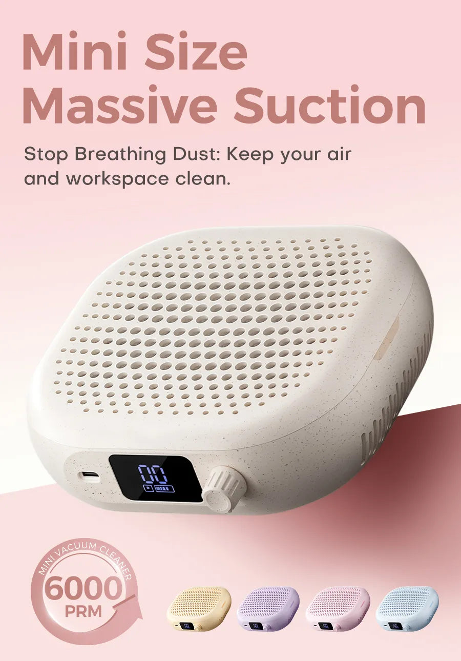 Stop breathing dust with our portable mini nail dust extractor fan. This high-suction 6000 RPM manicure vacuum features a digital display and cute pastel designs, perfect for small home salon desks.