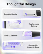Collage showing the thoughtful ergonomic designs of the professional gel lamp. Features a portable carrying handle, a slot for the replaceable battery, a fold-out stand for adjustable height, and a removable magnetic base that makes it ideal for pedicures.