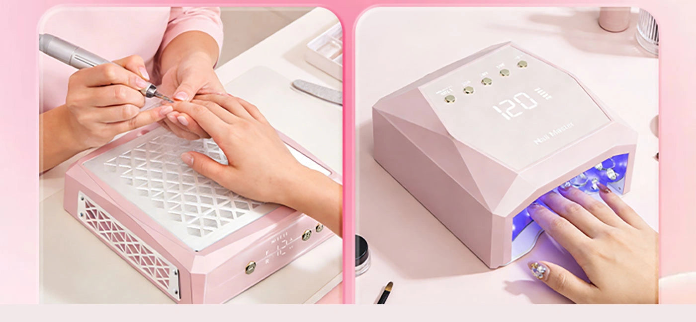 Side-by-side view showing a seamless manicure workflow. A nail tech using a pink metal nail dust collector to capture filing debris, and a client curing gel polish inside a matching aluminum UV LED nail lamp with a blank screen.