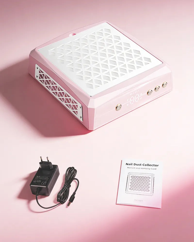 Unboxing the pink professional aluminum nail dust collector. The complete kit includes the heavy-duty metal vacuum unit with a blank screen, a power adapter, and a detailed user manual.