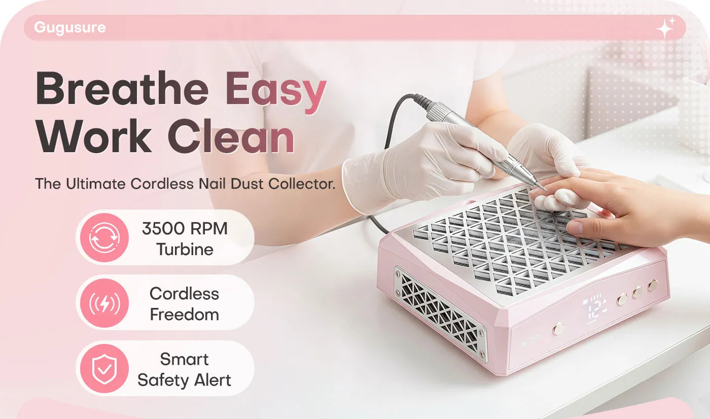 Gugusure professional cordless nail dust collector in pink. The ultimate manicure vacuum featuring a 3500 RPM turbine for a clean, dust-free salon workspace.