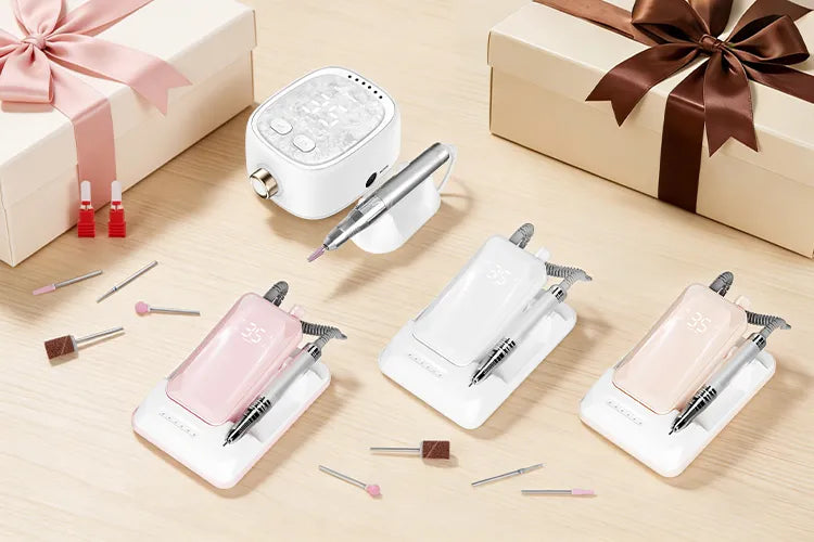 Professional tabletop nail drill collection featuring a heavy-duty white desktop control box and portable units with stable desktop charging docks.