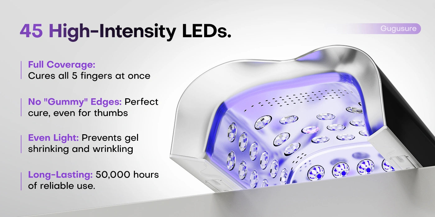 An inside look at the professional nail lamp revealing 45 high-intensity LED beads distributed for even light and full coverage. The reflective interior is designed to cure all five fingers at once, preventing any gummy edges and ensuring your gel polish cures smoothly without shrinking or wrinkling over its 50,000 hours of reliable use.