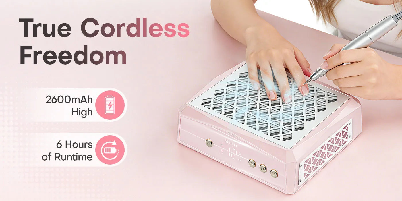 Nail tech enjoying true cordless freedom with the Gugusure rechargeable nail desk vacuum. The high-capacity 2600mAh battery provides up to 6 hours of continuous runtime.