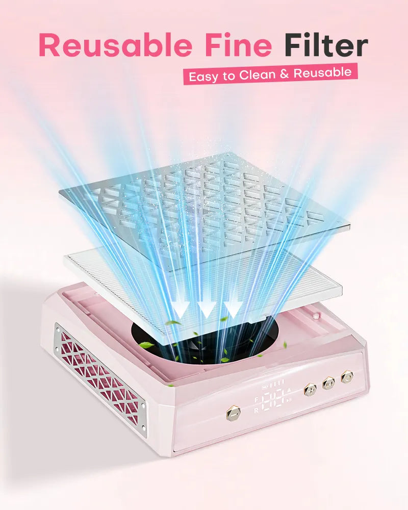 Exploded view of the pink metal nail vacuum showing the reusable fine filter and turbine fan. Designed for easy cleaning and high-efficiency dust collection during professional nail art sessions.