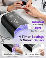 Manicurist painting red polish while demonstrating the smart auto-sensor of the cordless nail dryer. The lamp turns on automatically when hands are in and turns off when out. Features four timer setting buttons including a comfortable low heat mode. Screen is blank.
