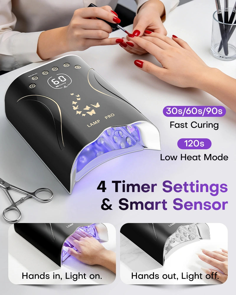 Manicurist painting red polish while demonstrating the smart auto-sensor of the cordless nail dryer. The lamp turns on automatically when hands are in and turns off when out. Features four timer setting buttons including a comfortable low heat mode. Screen is blank.