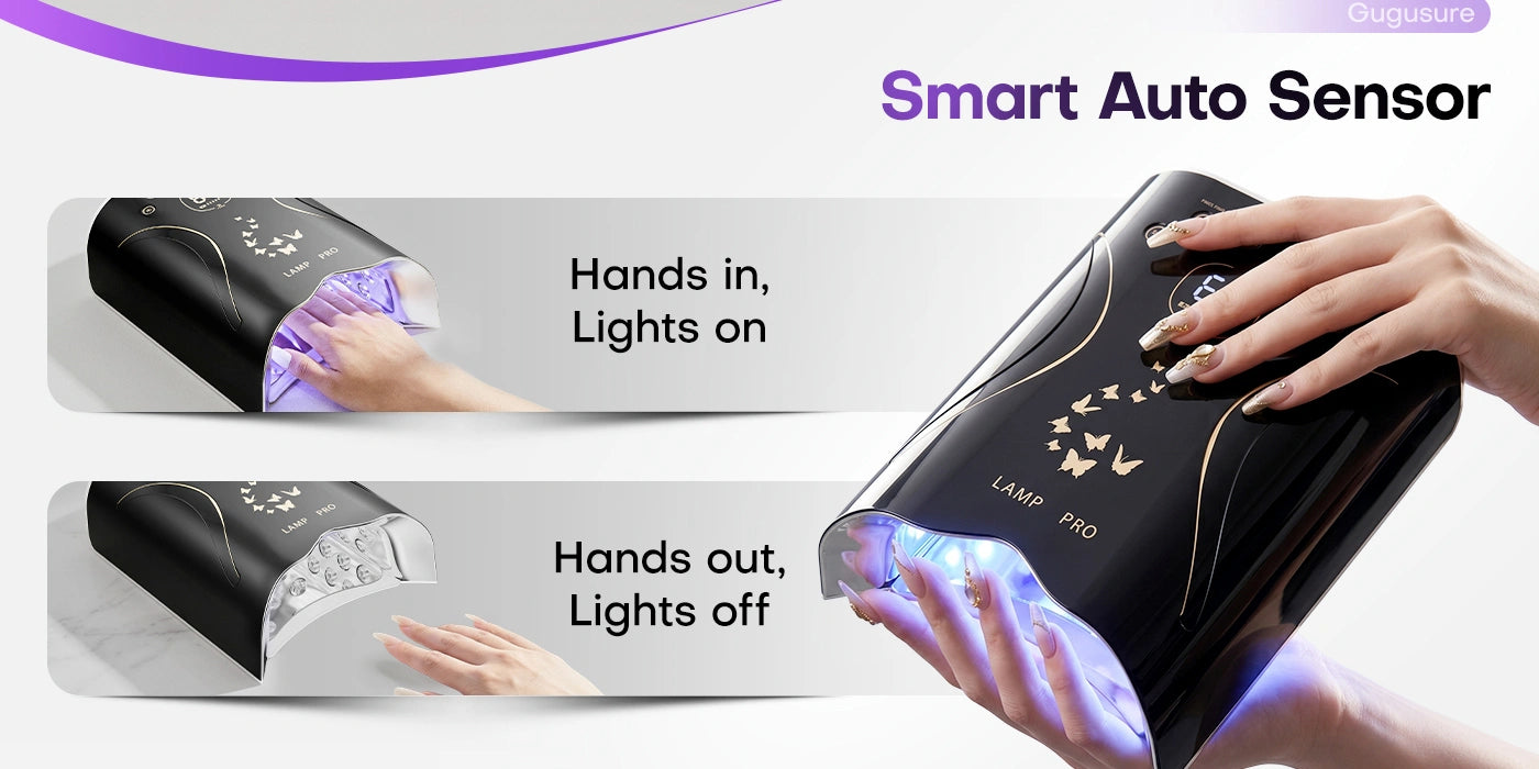 A demonstration of the smart auto sensor feature on the UV light for nails, where the device automatically turns the lights on when hands are inserted and off when they are removed. This intuitive hands-free operation makes the curing process seamless and efficient for both DIY users and busy nail technicians.