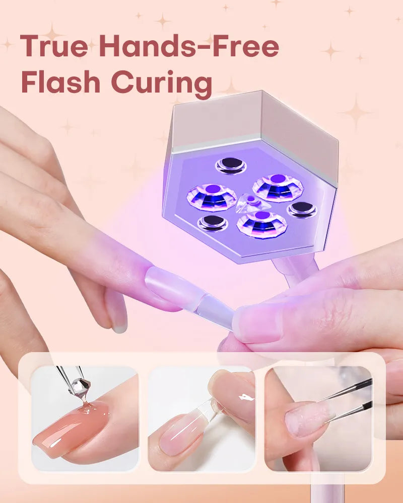 True hands-free flash curing lamp in action, perfectly securing rhinestones, gel nail tips, and polygel builder.