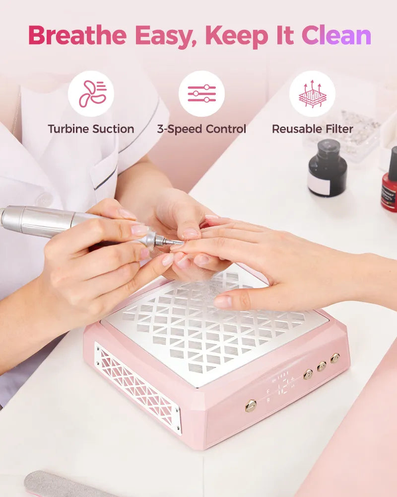 Breathe easy with this pink nail dust extractor fan featuring 3-speed control and a reusable filter to keep your manicure table clean.
