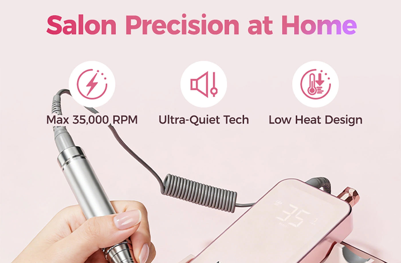 Highlighting salon precision at home with the silver aluminum e-file handpiece. Engineered with ultra-quiet tech and a low heat design for comfortable acrylic shaping. The matching control box features a blank digital screen.