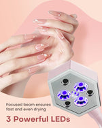 Close-up of the nail lamp head showing 3 powerful LED beads that provide a focused beam for fast and even drying.
