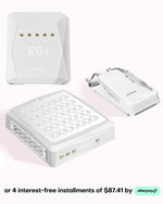 Build your ultimate workspace with this white complete nail salon equipment bundle designed for professional manicures. This comprehensive three-piece set includes a powerful dust collector, a geometric UV LED nail lamp, and a heavy-duty desktop electric nail file, all featuring elegant gold buttons and clean blank digital screens. Upgrade your aesthetic desk setup today and take advantage of four easy interest-free installments of $87.41 using flexible Afterpay checkout.
