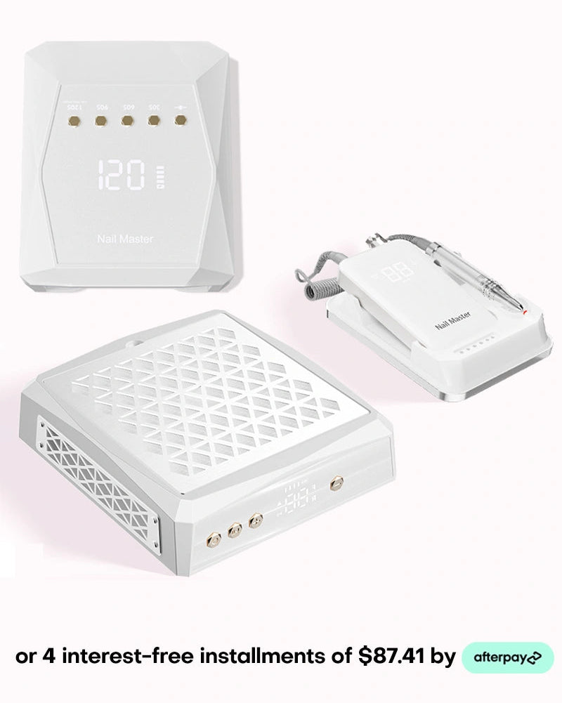 Build your ultimate workspace with this white complete nail salon equipment bundle designed for professional manicures. This comprehensive three-piece set includes a powerful dust collector, a geometric UV LED nail lamp, and a heavy-duty desktop electric nail file, all featuring elegant gold buttons and clean blank digital screens. Upgrade your aesthetic desk setup today and take advantage of four easy interest-free installments of $87.41 using flexible Afterpay checkout.