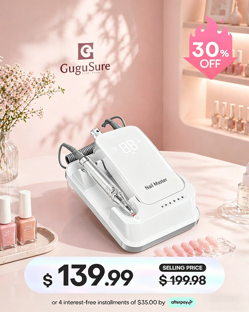 Upgrade your manicure workspace with this white desktop electric nail file station designed for professional acrylic and gel polish removal. This premium e-file machine features a sleek control box with a blank digital display, a low-vibration silver handpiece with a coiled cord, and a convenient base with built-in drill bit storage. Grab this salon-grade equipment for $139.99 during our sale event, featuring a 30% OFF discount and easy interest-free flexible installments with Afterpay.