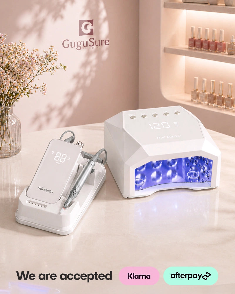 Streamline your manicure services using this white gel nail lamp and desktop drill bundle built for flawless results. This essential two-piece equipment set pairs a diamond-cut UV LED nail dryer with a powerful electric nail file station, both featuring intuitive controls and blank digital screens. Invest in these heavy-duty professional salon tools and easily split your total cost with convenient Klarna and Afterpay financing.
