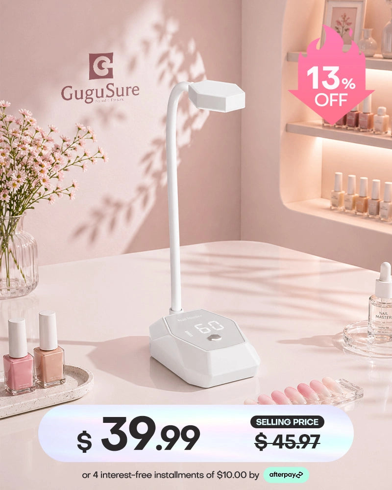 Experience hands-free convenience with this white gooseneck UV LED nail lamp built for fast and easy manicures. The flexible stand design allows you to adjust the light perfectly for flash curing gel extensions, while the stable base features a simple control button and a clean blank digital screen. Take advantage of our 13% OFF sale to get this essential nail dryer for just $39.99, and enjoy easy checkout using Afterpay installments.