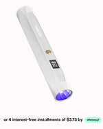 Upgrade your manicure toolkit with this white handheld mini UV LED nail lamp designed for quick and precise single-finger curing. This portable pen-style flash cure light features a modern faceted exterior, a simple gold control button, and a clean blank digital screen, making it the perfect tool for flawless gel extensions on the go. Grab this compact beauty essential today and easily manage your budget with four interest-free installments of $3.75 through Afterpay.