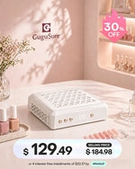 Maintain a flawless workspace using this minimalist white acrylic nail dust extractor fan designed for heavy-duty professional salon use. The high-suction tabletop manicure vacuum showcases a sleek silver diamond-patterned mesh grille, intuitive speed control buttons, and a blank screen, ensuring a healthy and breathable dust-free environment for both nail technicians and clients.
