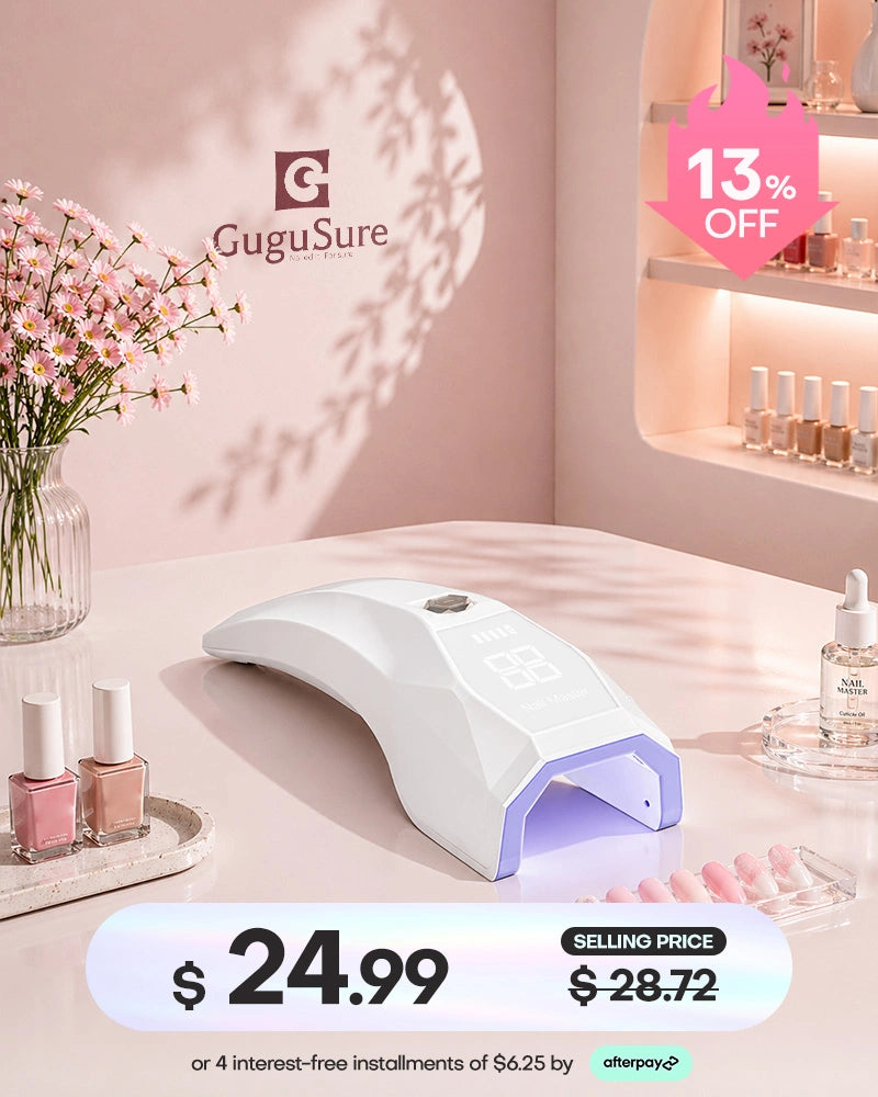 Achieve a clean and organized workspace with this minimalist white compact gel nail curing light designed for precise and fast manicures. This highly portable open-design UV LED nail dryer showcases a single top button and a sleek blank digital display, making it incredibly easy to flash cure gel polish or builder gels on the go. Available for only $24.99 during our special promotion, you can easily save 13% OFF the original price and split your payment using handy Afterpay installments.
