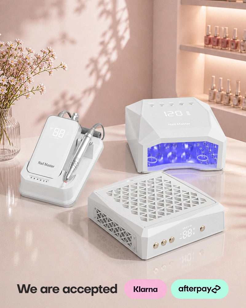 Equip your desk perfectly with this white professional nail tech starter kit designed for acrylic shaping and gel polish removal. The all-in-one workstation includes a high-suction manicure dust extractor fan, a faceted gel curing light, and a reliable e-file drill machine, showcasing sleek blank digital displays for an organized setup. Secure this ultimate salon package today and maximize your budget with accepted Klarna and Afterpay checkout options.
