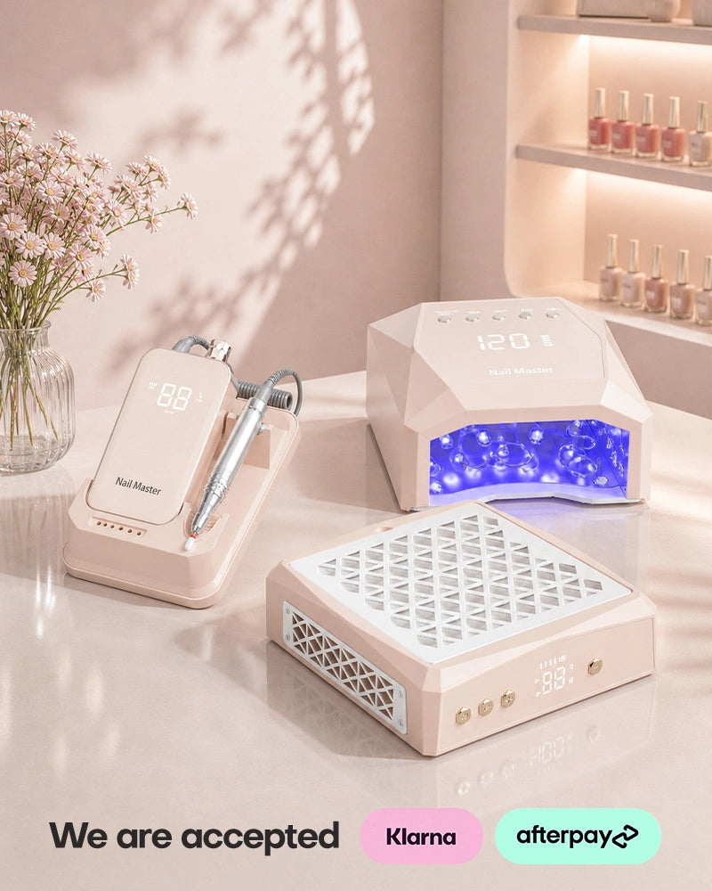 Equip your nail station with this yellow complete nail salon equipment bundle built for high-performance daily nail care. This premium three-piece collection comes with a high-suction manicure dust collector, a geometric UV LED gel curing lamp, and a desktop electric nail file drill station, all equipped with matching gold controls and clean blank digital screens to keep your desk perfectly organized. Invest in your professional salon tools today and enjoy flexible payment options since Klarna and Afterpay 