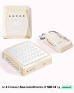 Equip your nail station with this yellow desktop nail drill, lamp, and dust collector set built for high-performance daily nail care. This premium equipment collection comes with a high-suction manicure vacuum, a faceted gel curing lamp, and a low-vibration e-file drill station, all equipped with matching gold controls and blank digital screens to keep your desk organized. Invest in your professional tools today using easy Afterpay options offering four interest-free installments of $87.41.