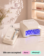 Create an efficient workspace with this yellow professional nail curing light and e-file set perfect for advanced nail technicians. This beautifully matching bundle combines a geometric UV LED gel lamp and a low-vibration desktop electric nail drill, complete with sleek blank digital displays and metallic accents. Upgrade your home salon setup and take advantage of our accepted Klarna and Afterpay flexible payment plans.