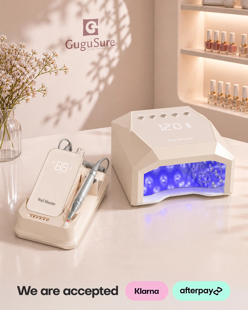 Create an efficient workspace with this yellow professional nail curing light and e-file set perfect for advanced nail technicians. This beautifully matching bundle combines a geometric UV LED gel lamp and a low-vibration desktop electric nail drill, complete with sleek blank digital displays and metallic accents. Upgrade your home salon setup and take advantage of our accepted Klarna and Afterpay flexible payment plans.