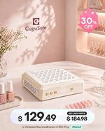 Brighten up your aesthetic nail station with this yellow professional tabletop nail dust collector built for salon-grade manicures. This powerful acrylic nail dust extractor fan features a modern geometric metal grille, elegant control knobs, and a clean blank digital display. It serves as an essential beauty equipment tool to instantly capture fine powder and keep your workspace perfectly clean and hygienic.